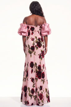 Peach Floral Off the Shoulder Mermaid Puff Sleeves Long Evening Dress