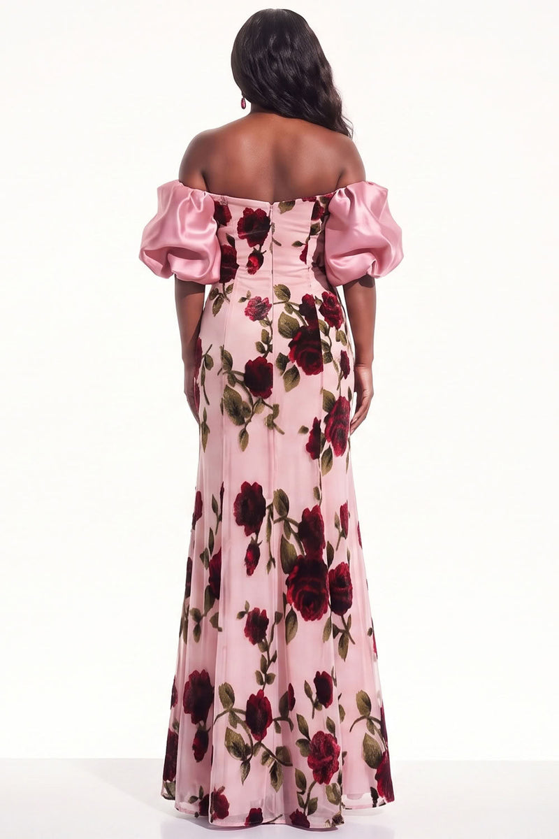 Load image into Gallery viewer, Peach Floral Off the Shoulder Mermaid Puff Sleeves Long Evening Dress
