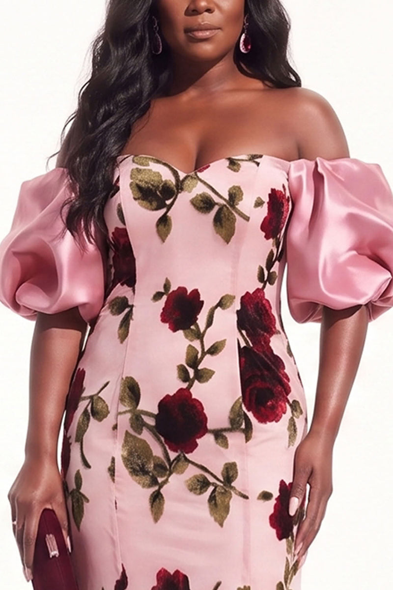 Load image into Gallery viewer, Peach Floral Off the Shoulder Mermaid Puff Sleeves Long Evening Dress
