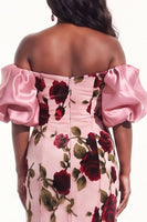 Load image into Gallery viewer, Peach Floral Off the Shoulder Mermaid Puff Sleeves Long Evening Dress