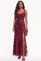 Load image into Gallery viewer, Burgundy Mermaid Sparkly Beaded Scoop Floral Long Evening Dress with Slit