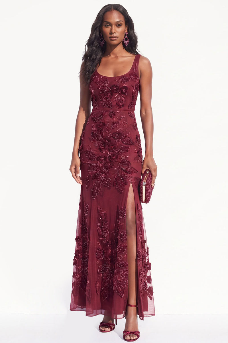 Load image into Gallery viewer, Burgundy Mermaid Sparkly Beaded Scoop Floral Long Evening Dress with Slit