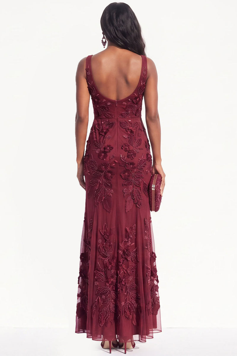Load image into Gallery viewer, Burgundy Mermaid Sparkly Beaded Scoop Floral Long Evening Dress with Slit