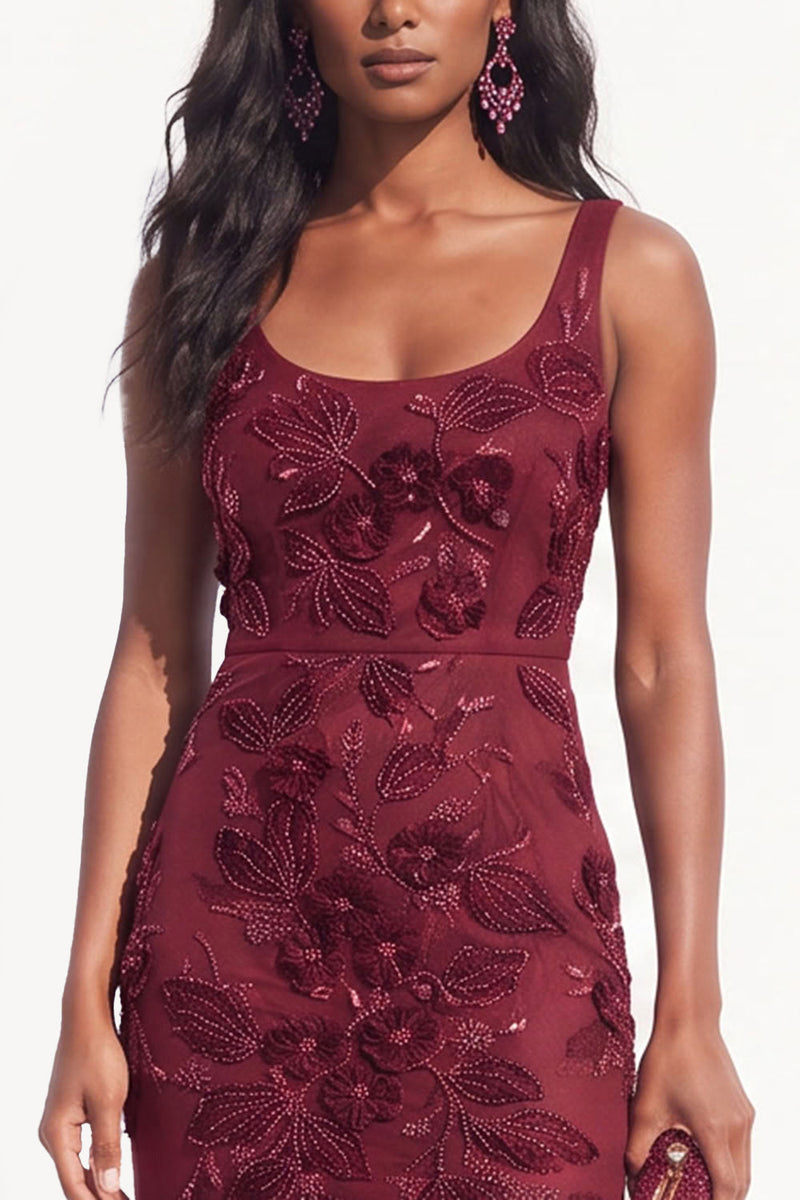 Load image into Gallery viewer, Burgundy Mermaid Sparkly Beaded Scoop Floral Long Evening Dress with Slit