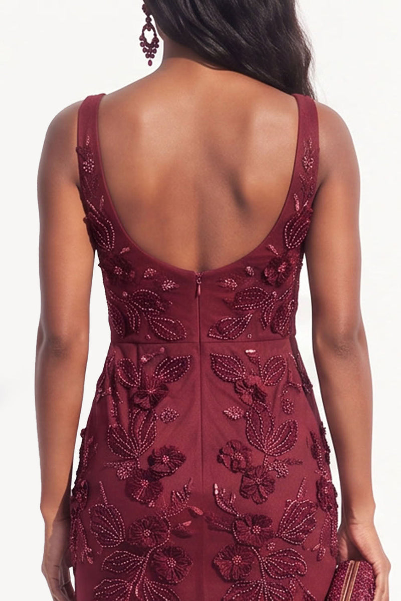 Load image into Gallery viewer, Burgundy Mermaid Sparkly Beaded Scoop Floral Long Evening Dress with Slit