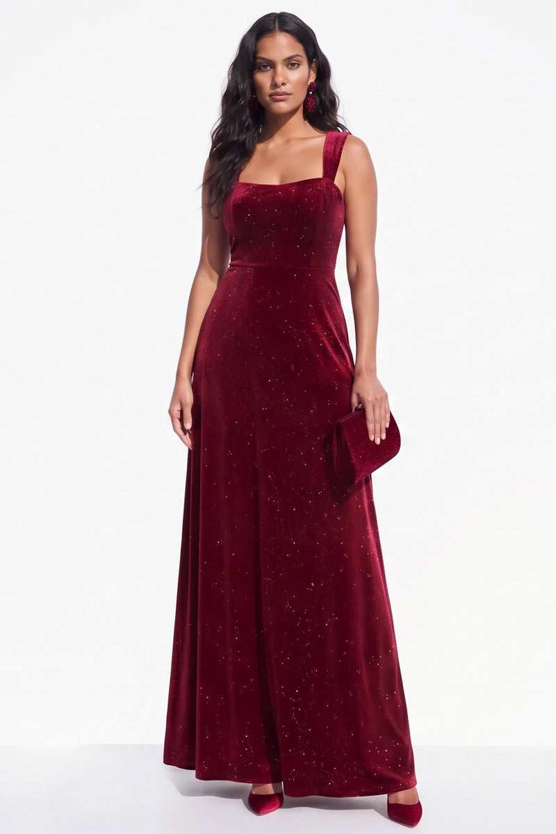 Load image into Gallery viewer, Glitter Burgundy A Line Thick Straps Long Velvet Evening Dress