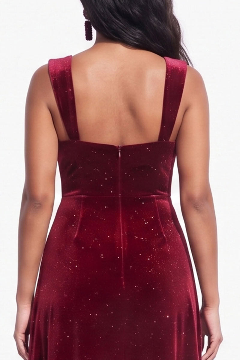 Load image into Gallery viewer, Glitter Burgundy A Line Thick Straps Long Velvet Evening Dress