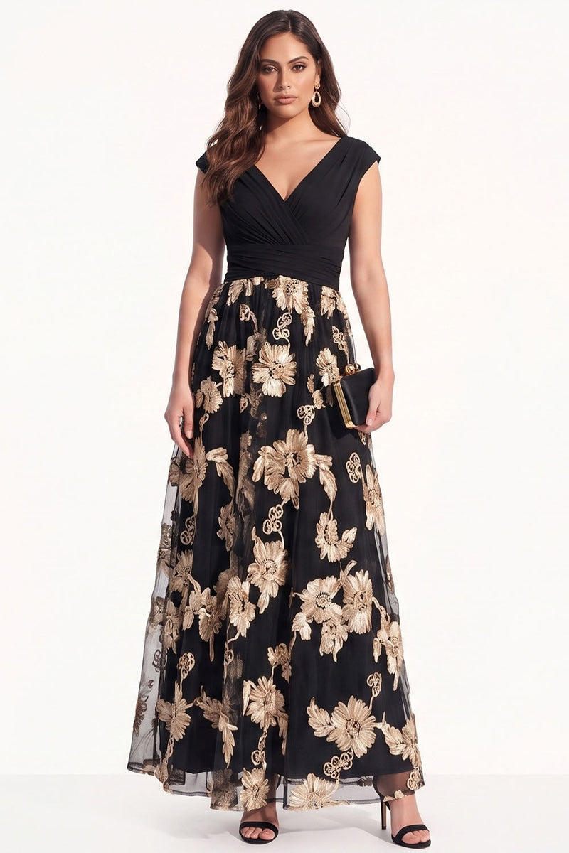 Load image into Gallery viewer, Floral Black Champagne V-Neck A Line Long Evening Dress with Sleeves