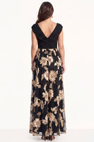 Load image into Gallery viewer, Floral Black Champagne V-Neck A Line Long Evening Dress with Sleeves