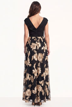 Floral Black Champagne V-Neck A Line Long Evening Dress with Sleeves