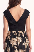 Load image into Gallery viewer, Floral Black Champagne V-Neck A Line Long Evening Dress with Sleeves