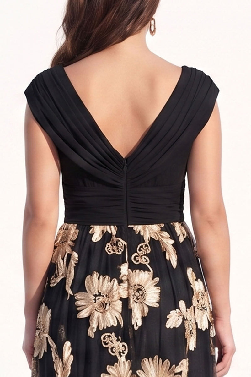 Load image into Gallery viewer, Floral Black Champagne V-Neck A Line Long Evening Dress with Sleeves