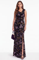 Load image into Gallery viewer, Black Purple Floral Velvet Mermaid V Neck Long Evening Dress with Slit
