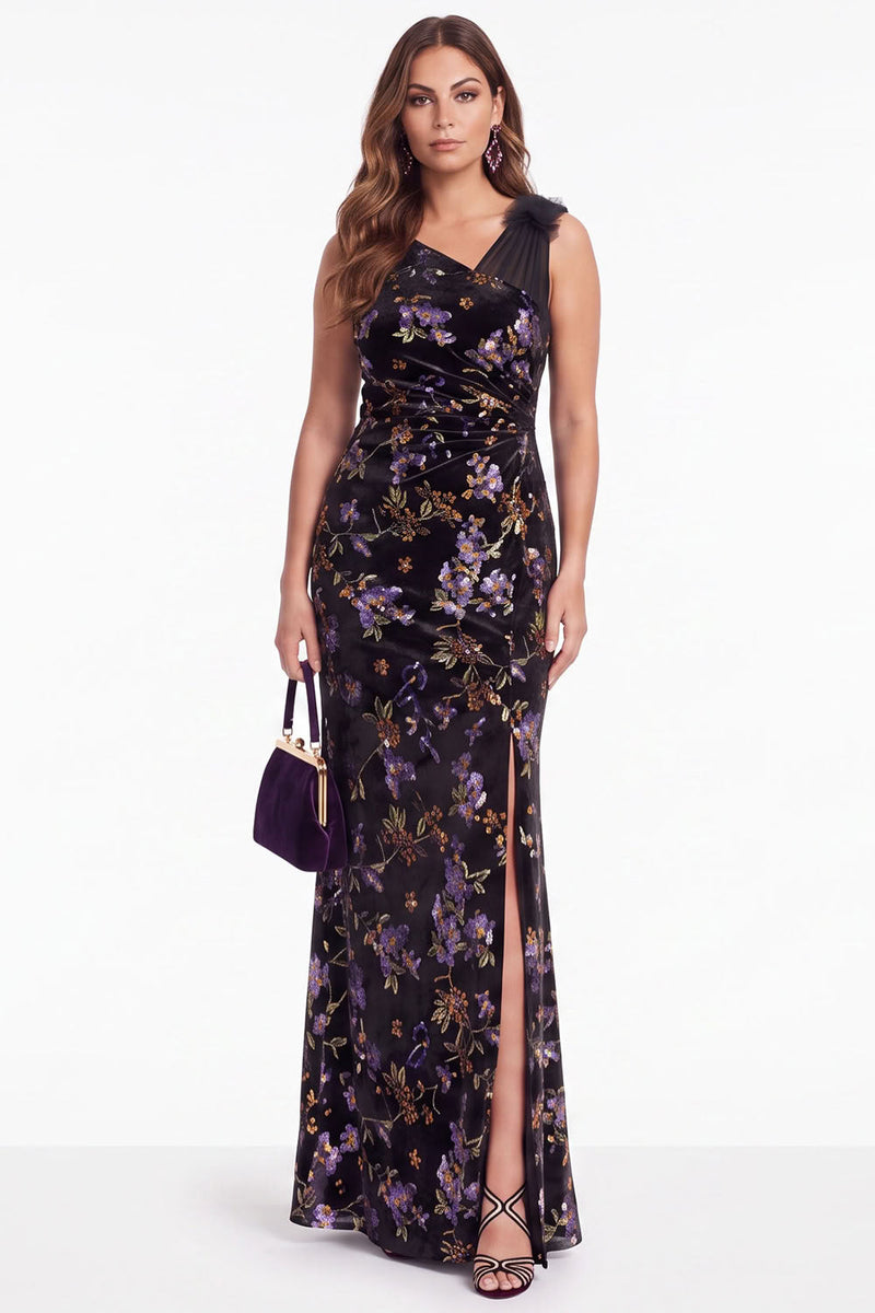 Load image into Gallery viewer, Black Purple Floral Velvet Mermaid V Neck Long Evening Dress with Slit