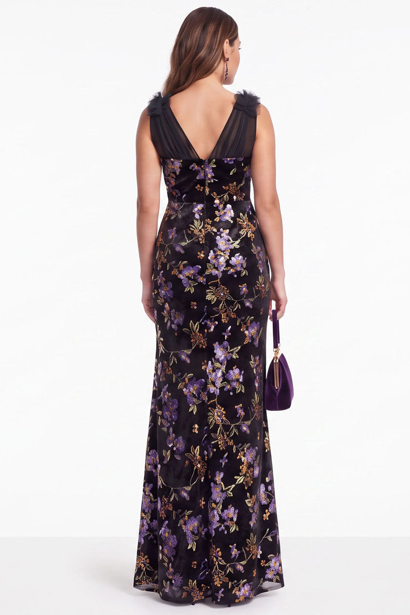 Load image into Gallery viewer, Black Purple Floral Velvet Mermaid V Neck Long Evening Dress with Slit