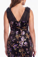 Load image into Gallery viewer, Black Purple Floral Velvet Mermaid V Neck Long Evening Dress with Slit