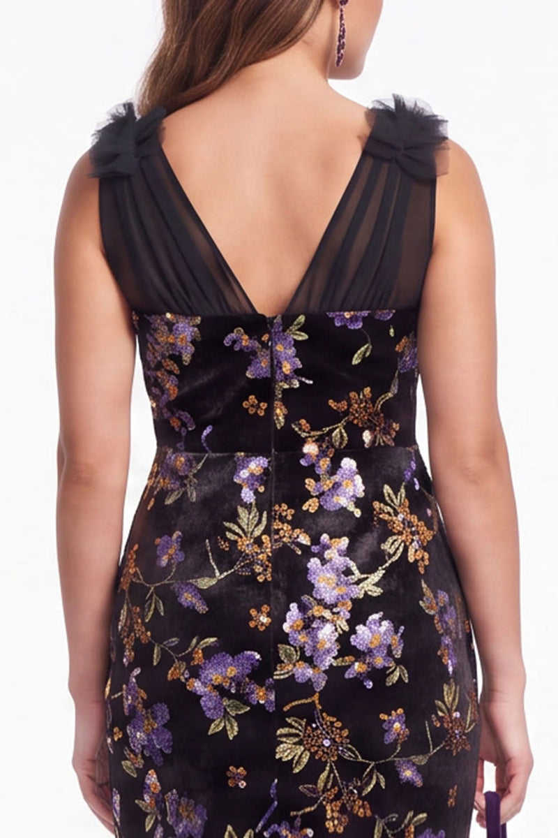 Load image into Gallery viewer, Black Purple Floral Velvet Mermaid V Neck Long Evening Dress with Slit