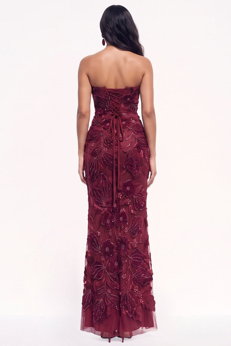 Load image into Gallery viewer, Sparkly Burgundy Beaded Mermaid Floral Sweetheart Long Evening Dress with Slit