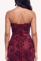 Load image into Gallery viewer, Sparkly Burgundy Beaded Mermaid Floral Sweetheart Long Evening Dress with Slit