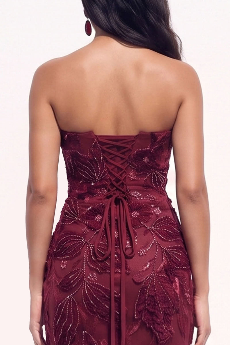 Load image into Gallery viewer, Sparkly Burgundy Beaded Mermaid Floral Sweetheart Long Evening Dress with Slit