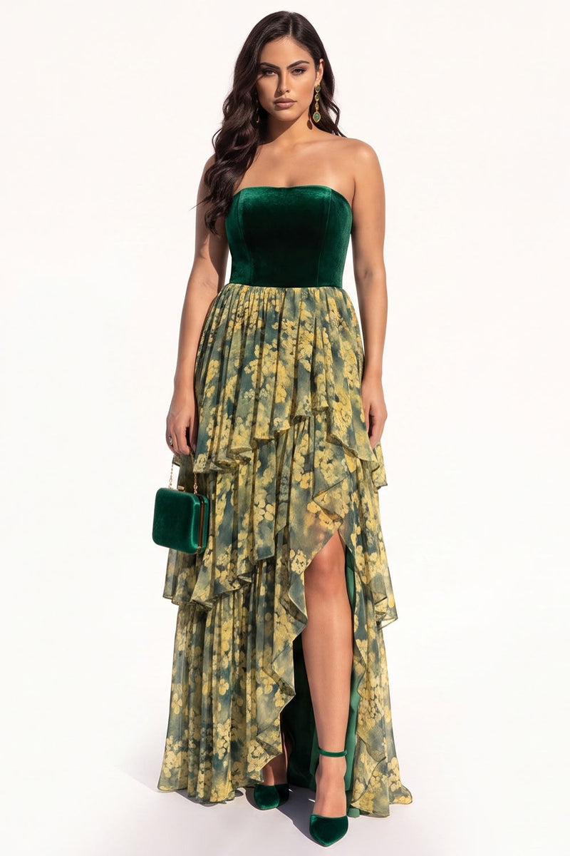 Load image into Gallery viewer, Green Floral A Line Ruffled Strapless Tiered Long Evening  Dress with Slit