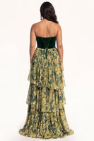 Load image into Gallery viewer, Green Floral A Line Ruffled Strapless Tiered Long Evening  Dress with Slit