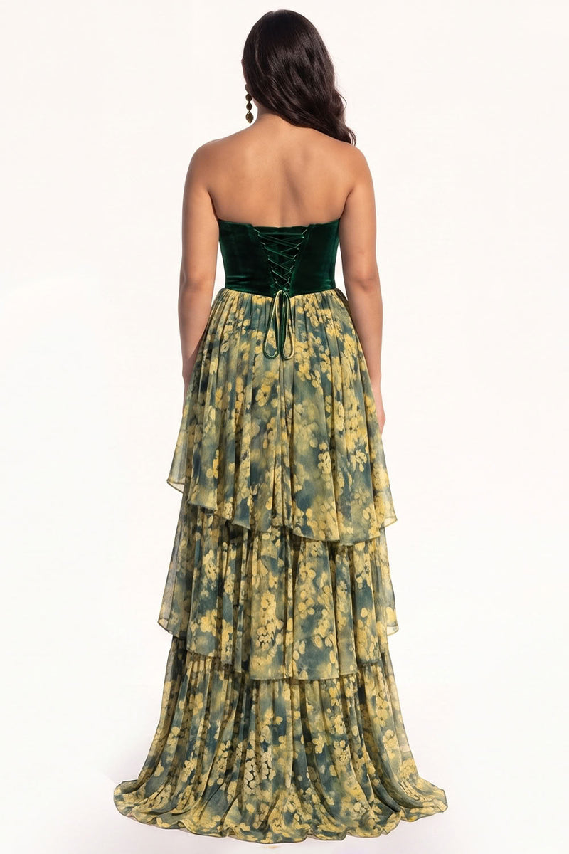 Load image into Gallery viewer, Green Floral A Line Ruffled Strapless Tiered Long Evening  Dress with Slit