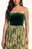 Load image into Gallery viewer, Green Floral A Line Ruffled Strapless Tiered Long Evening  Dress with Slit