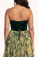 Load image into Gallery viewer, Green Floral A Line Ruffled Strapless Tiered Long Evening  Dress with Slit