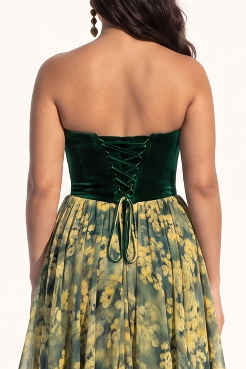 Load image into Gallery viewer, Green Floral A Line Ruffled Strapless Tiered Long Evening  Dress with Slit