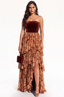 Load image into Gallery viewer, Green Floral A Line Ruffled Strapless Tiered Long Evening  Dress with Slit