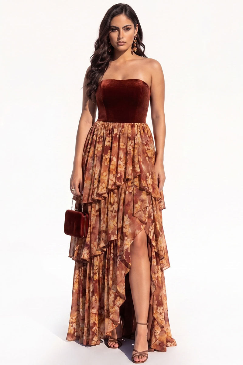 Load image into Gallery viewer, Green Floral A Line Ruffled Strapless Tiered Long Evening  Dress with Slit