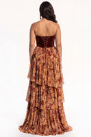 Load image into Gallery viewer, Green Floral A Line Ruffled Strapless Tiered Long Evening  Dress with Slit
