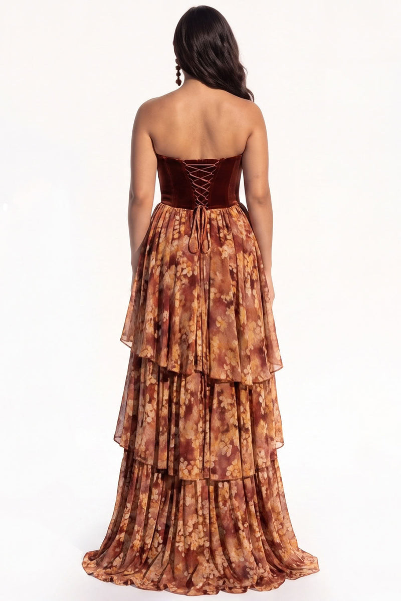 Load image into Gallery viewer, Green Floral A Line Ruffled Strapless Tiered Long Evening  Dress with Slit