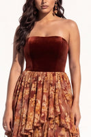 Load image into Gallery viewer, Green Floral A Line Ruffled Strapless Tiered Long Evening  Dress with Slit