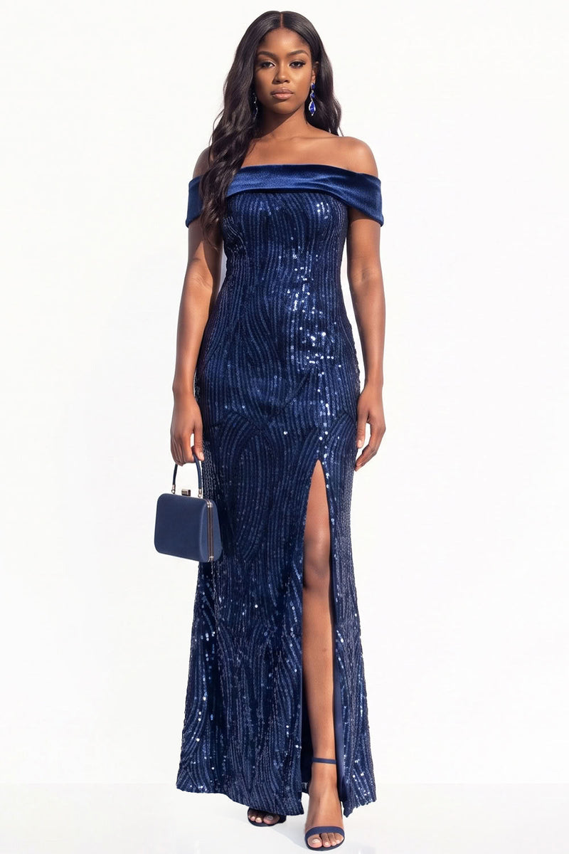 Load image into Gallery viewer, Sparkly Navy Sequin Mermaid Long Evening Dress with Slit