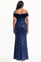 Load image into Gallery viewer, Sparkly Navy Sequin Mermaid Long Evening Dress with Slit