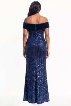 Sparkly Navy Sequin Mermaid Long Evening Dress with Slit