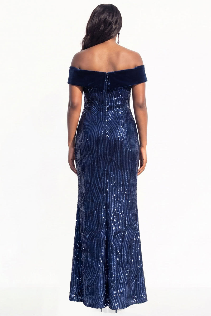 Load image into Gallery viewer, Sparkly Navy Sequin Mermaid Long Evening Dress with Slit