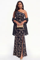 Load image into Gallery viewer, Sparkly Burgundy Mermaid Floral Velvet One Shoulder Long Evening Dress with Slit