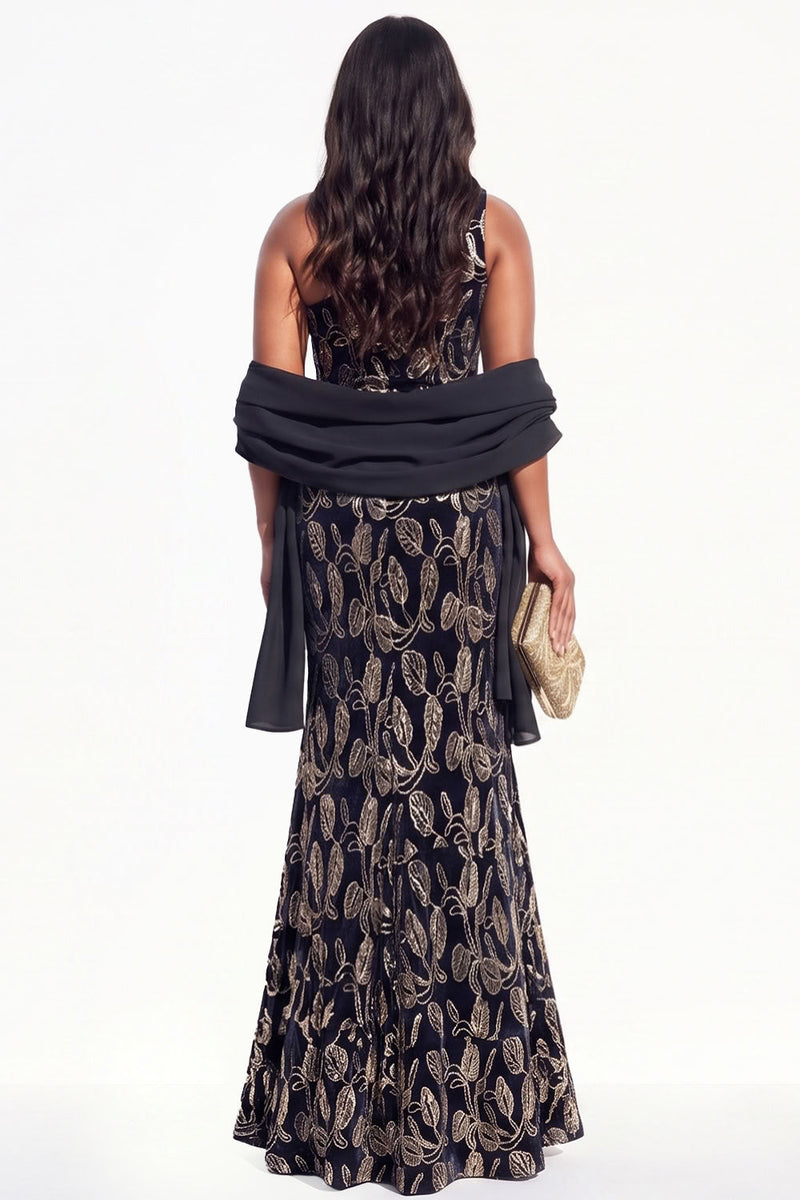 Load image into Gallery viewer, Sparkly Burgundy Mermaid Floral Velvet One Shoulder Long Evening Dress with Slit