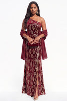 Load image into Gallery viewer, Sparkly Burgundy Mermaid Floral Velvet One Shoulder Long Evening Dress with Slit