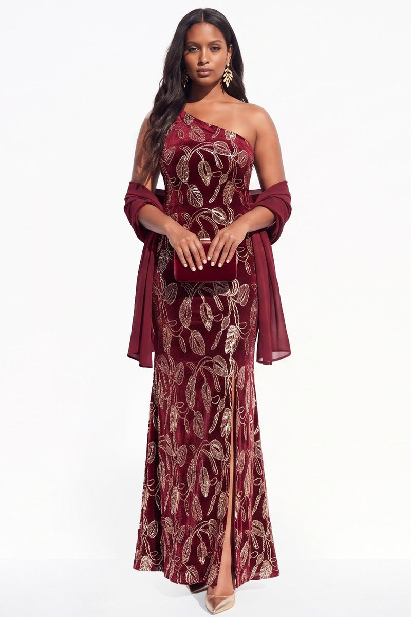 Load image into Gallery viewer, Sparkly Burgundy Mermaid Floral Velvet One Shoulder Long Evening Dress with Slit