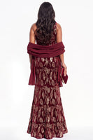 Load image into Gallery viewer, Sparkly Burgundy Mermaid Floral Velvet One Shoulder Long Evening Dress with Slit