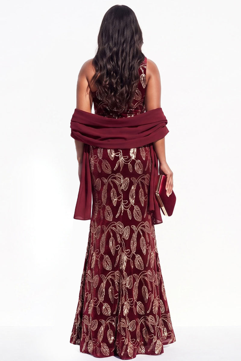 Load image into Gallery viewer, Sparkly Burgundy Mermaid Floral Velvet One Shoulder Long Evening Dress with Slit