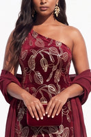 Load image into Gallery viewer, Sparkly Burgundy Mermaid Floral Velvet One Shoulder Long Evening Dress with Slit