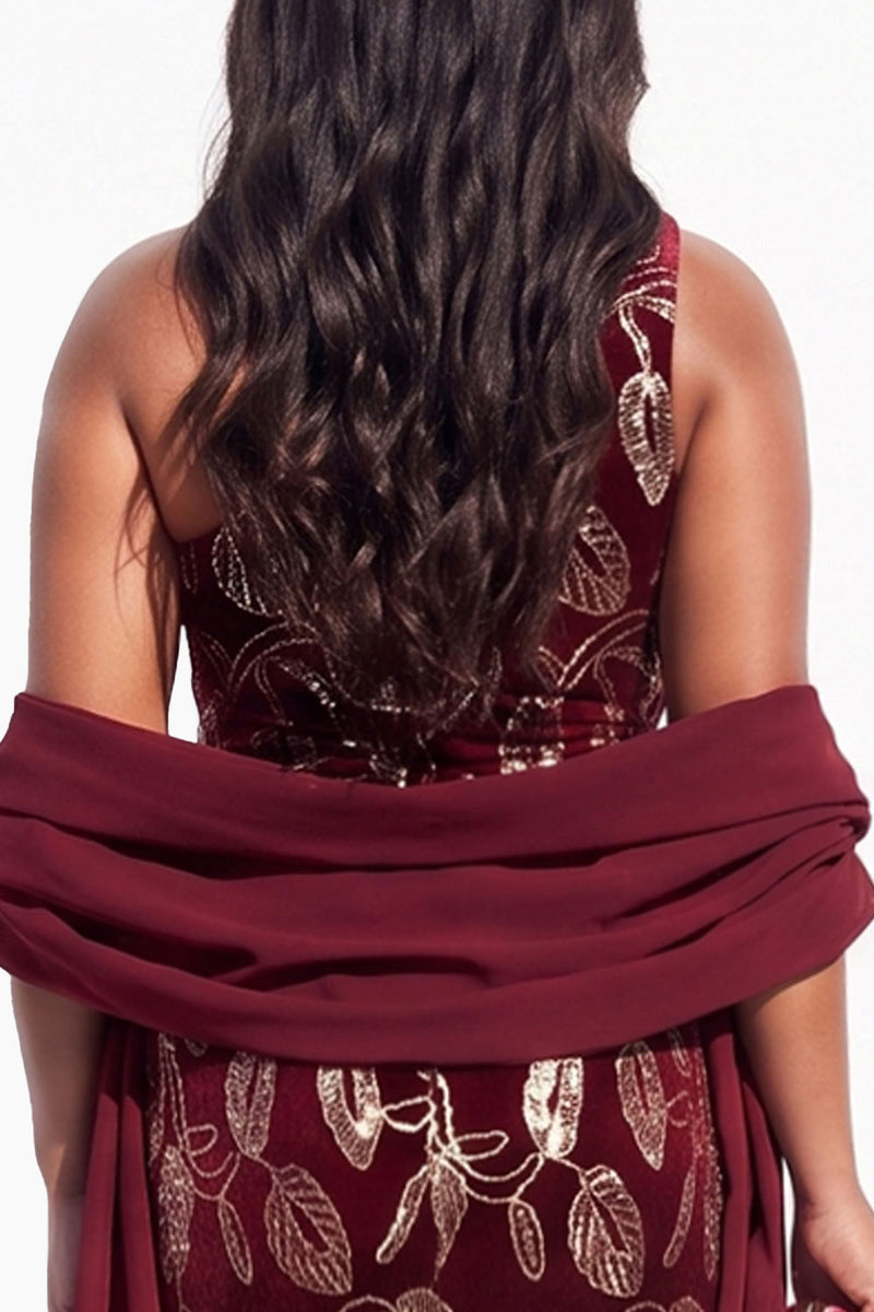 Load image into Gallery viewer, Sparkly Burgundy Mermaid Floral Velvet One Shoulder Long Evening Dress with Slit