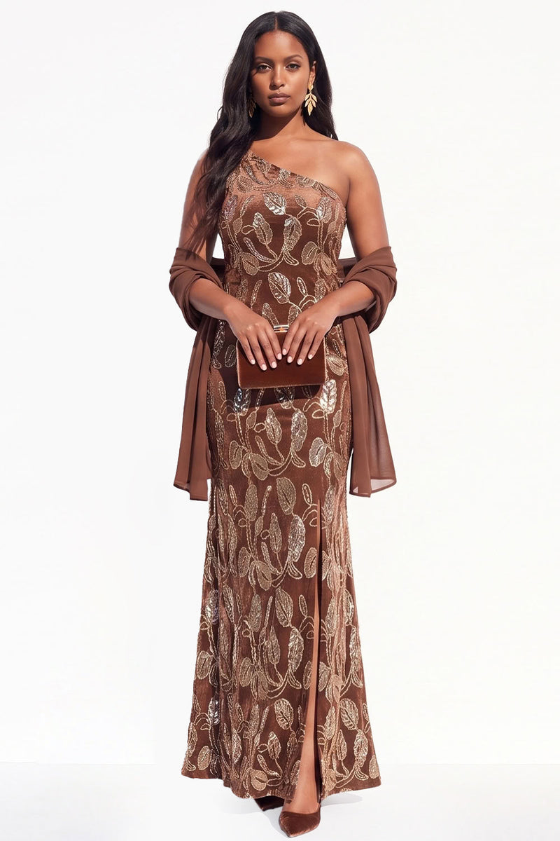 Load image into Gallery viewer, Sparkly Burgundy Mermaid Floral Velvet One Shoulder Long Evening Dress with Slit