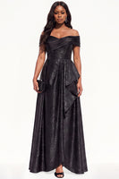 Load image into Gallery viewer, Sparkly Black Ruffled Off The Shoulder A-Line Long Evening Dress