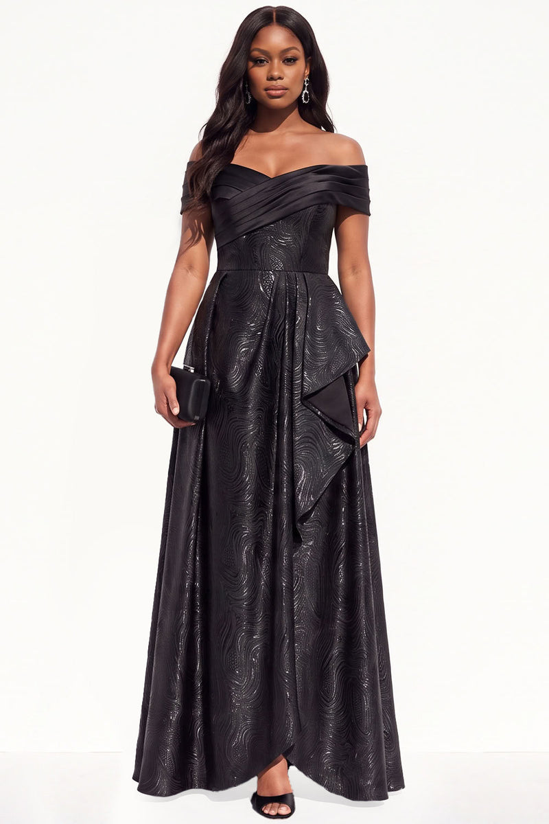 Load image into Gallery viewer, Sparkly Black Ruffled Off The Shoulder A-Line Long Evening Dress